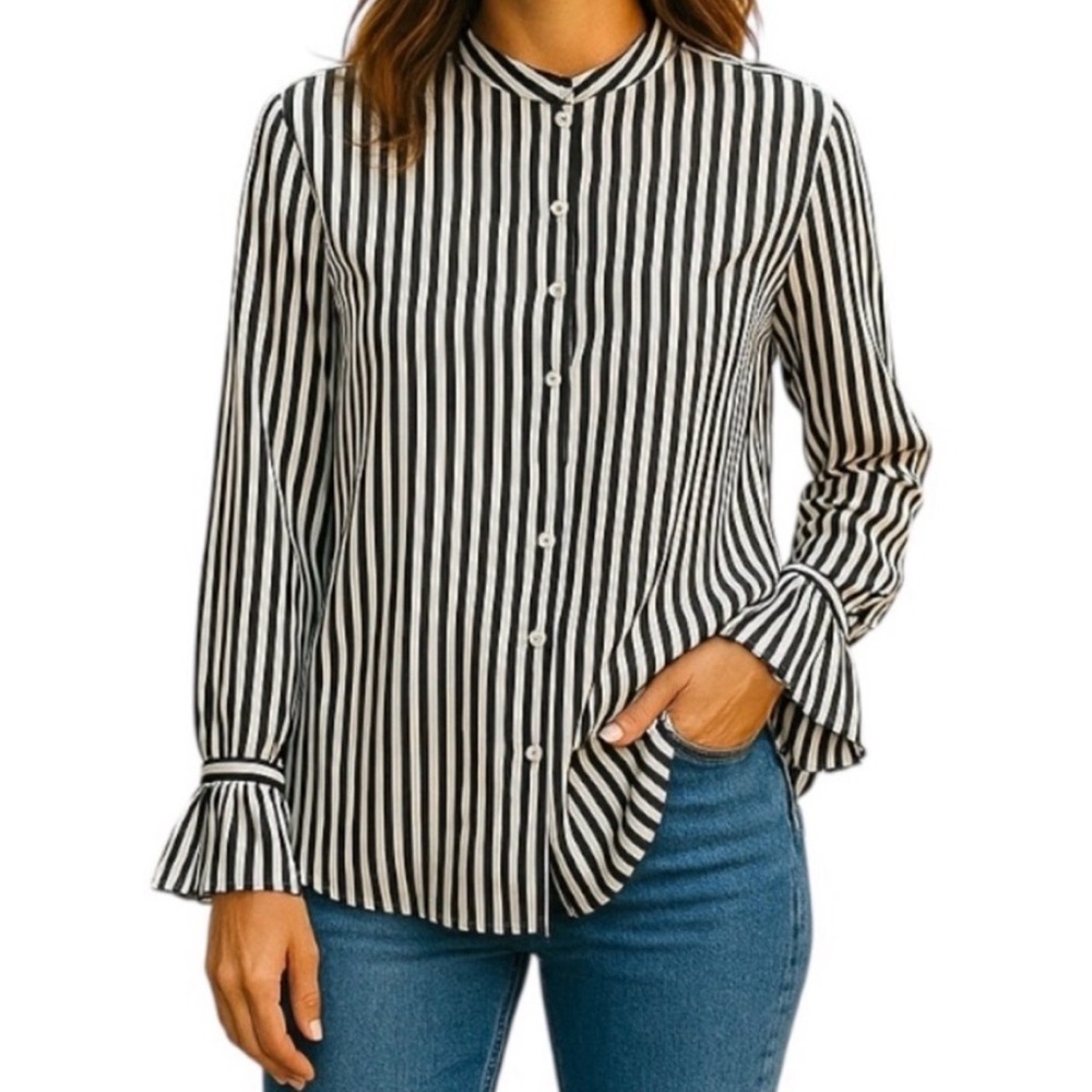 ANN TAYLOR Factory Black and White Striped Pull Over Blouse, Size Small